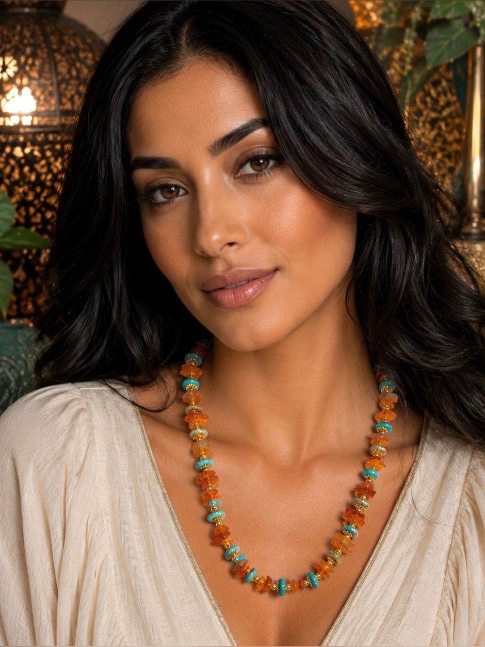 Beautiful Hubei Turquoise & natural Amber beaded necklace with 18k gold beads.